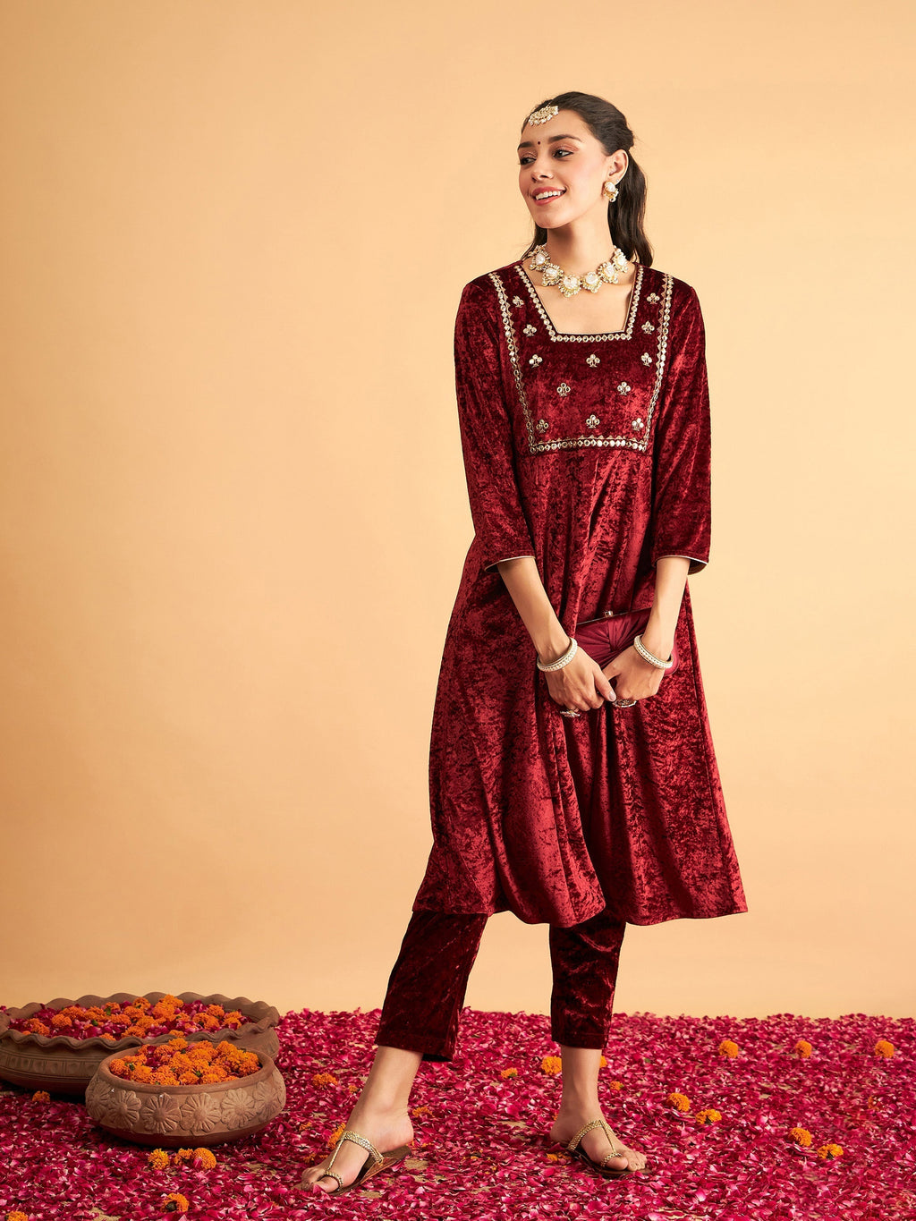 Women Maroon Velvet Embroidered Anarkali Dress