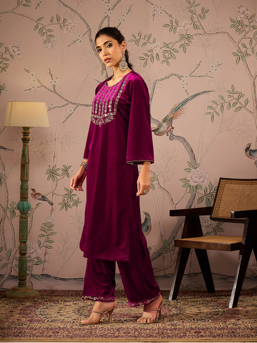 Women Fuchsia Velvet Front Embroidered Kurta