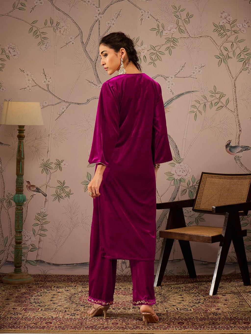 Women Fuchsia Velvet Front Embroidered Kurta