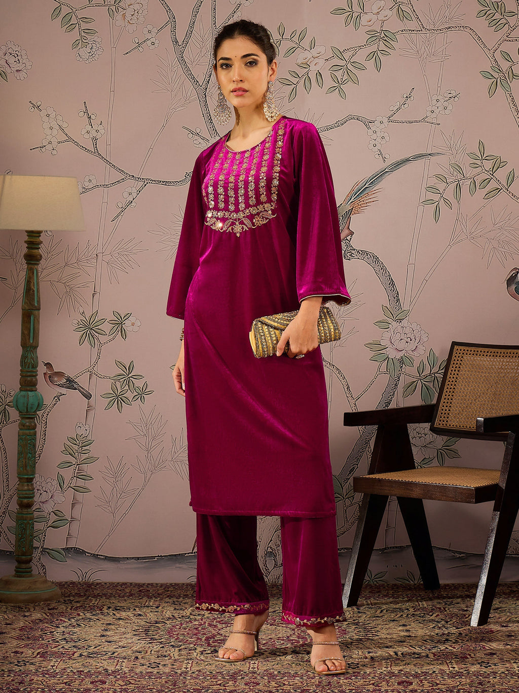 Women Fuchsia Velvet Embroidered Kurta With Straight Pants
