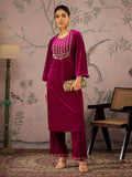 Women Fuchsia Velvet Embroidered Kurta With Straight Pants