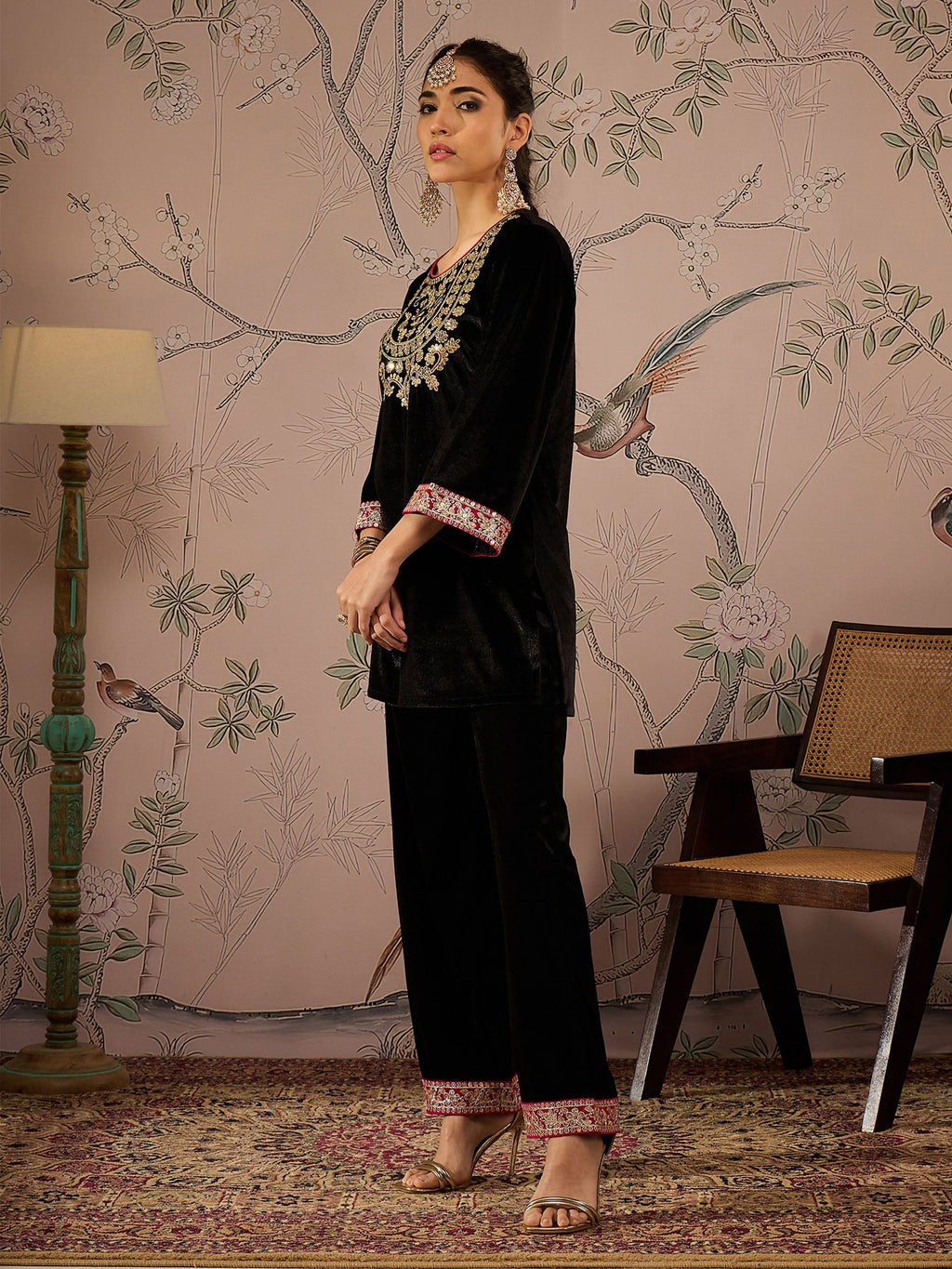 Women Black Velvet Embroidered Short Kurta With Straight Pants