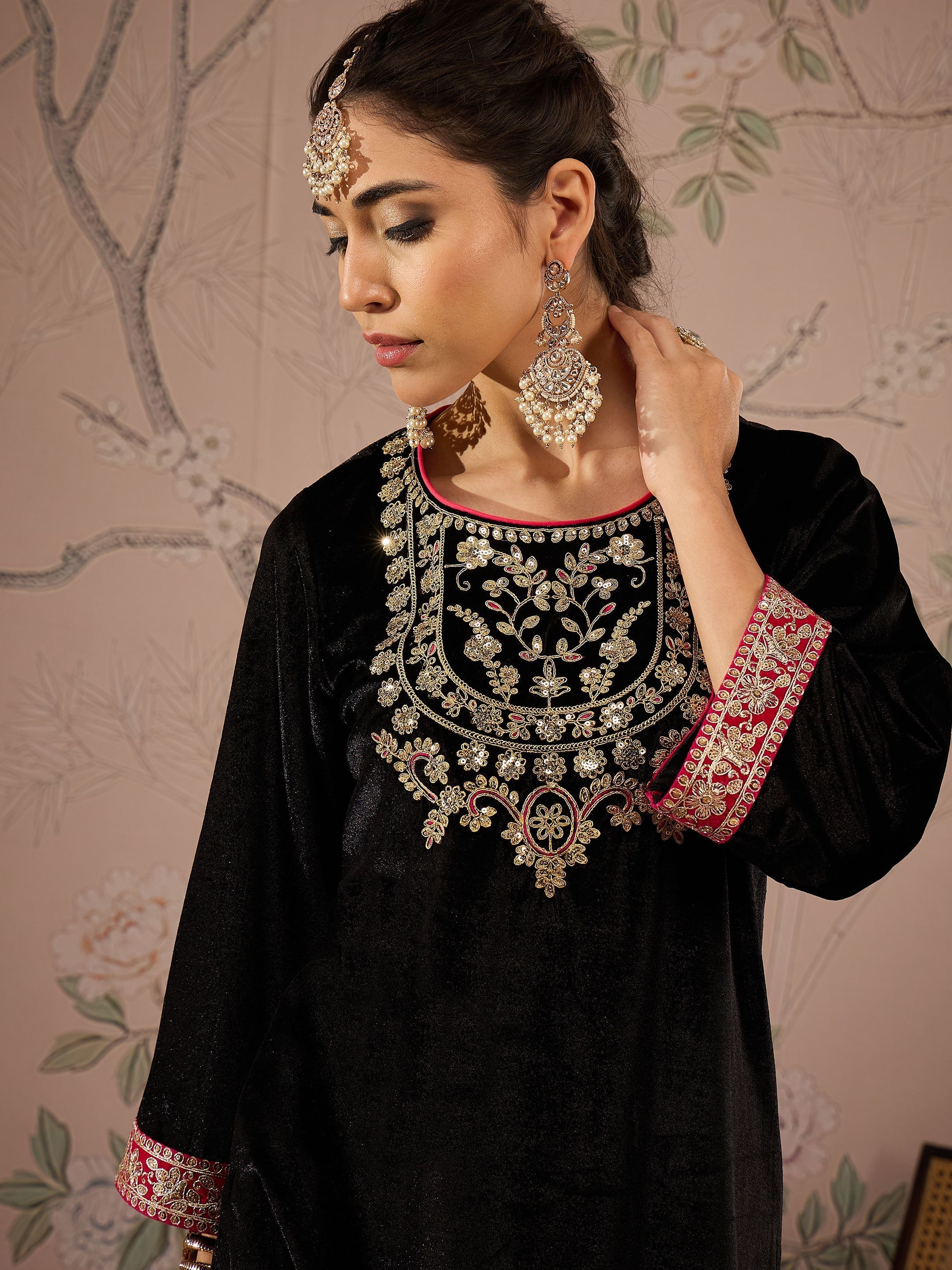 Women Black Velvet Embroidered Short Kurta With Straight Pants