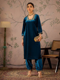 Women Teal Velvet Embroidered Straight Kurta With Afghani Pants