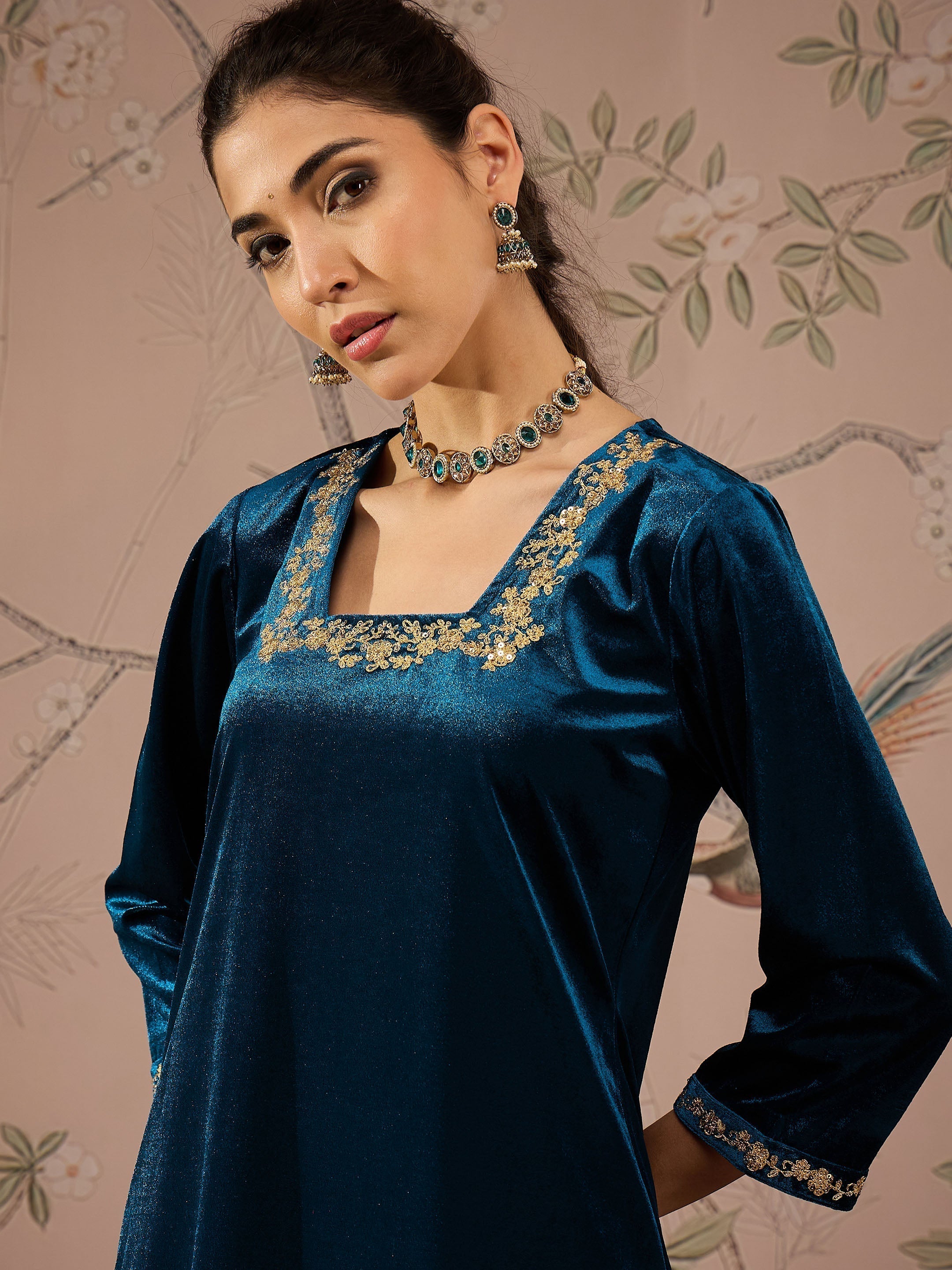 Women Teal Velvet Embroidered Straight Kurta With Afghani Pants