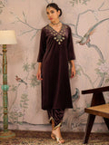Women Brown Velvet V-Neck Front Embroidered Kurta