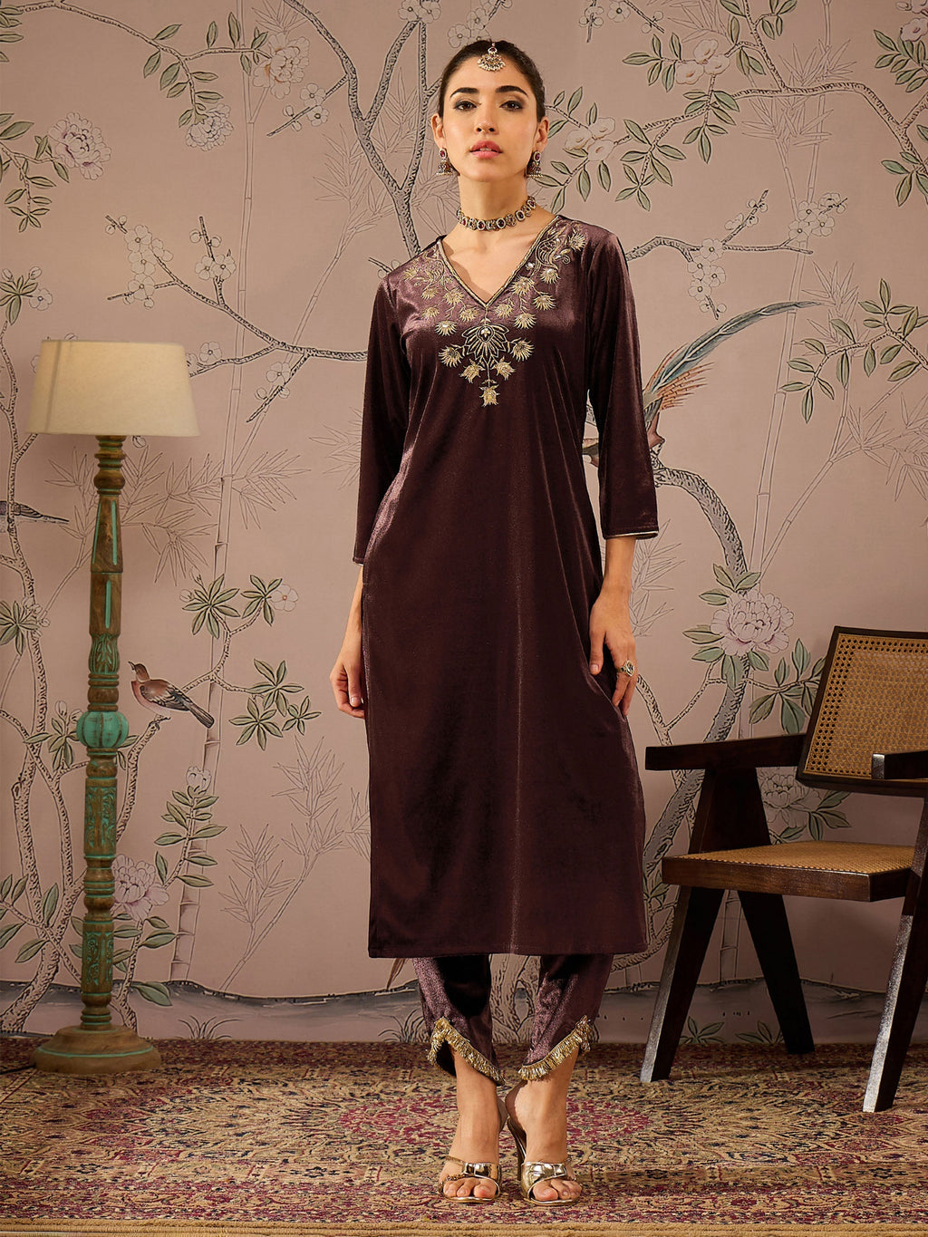 Women Brown Velvet V Neck Embroidered Kurta With Tulip Pants