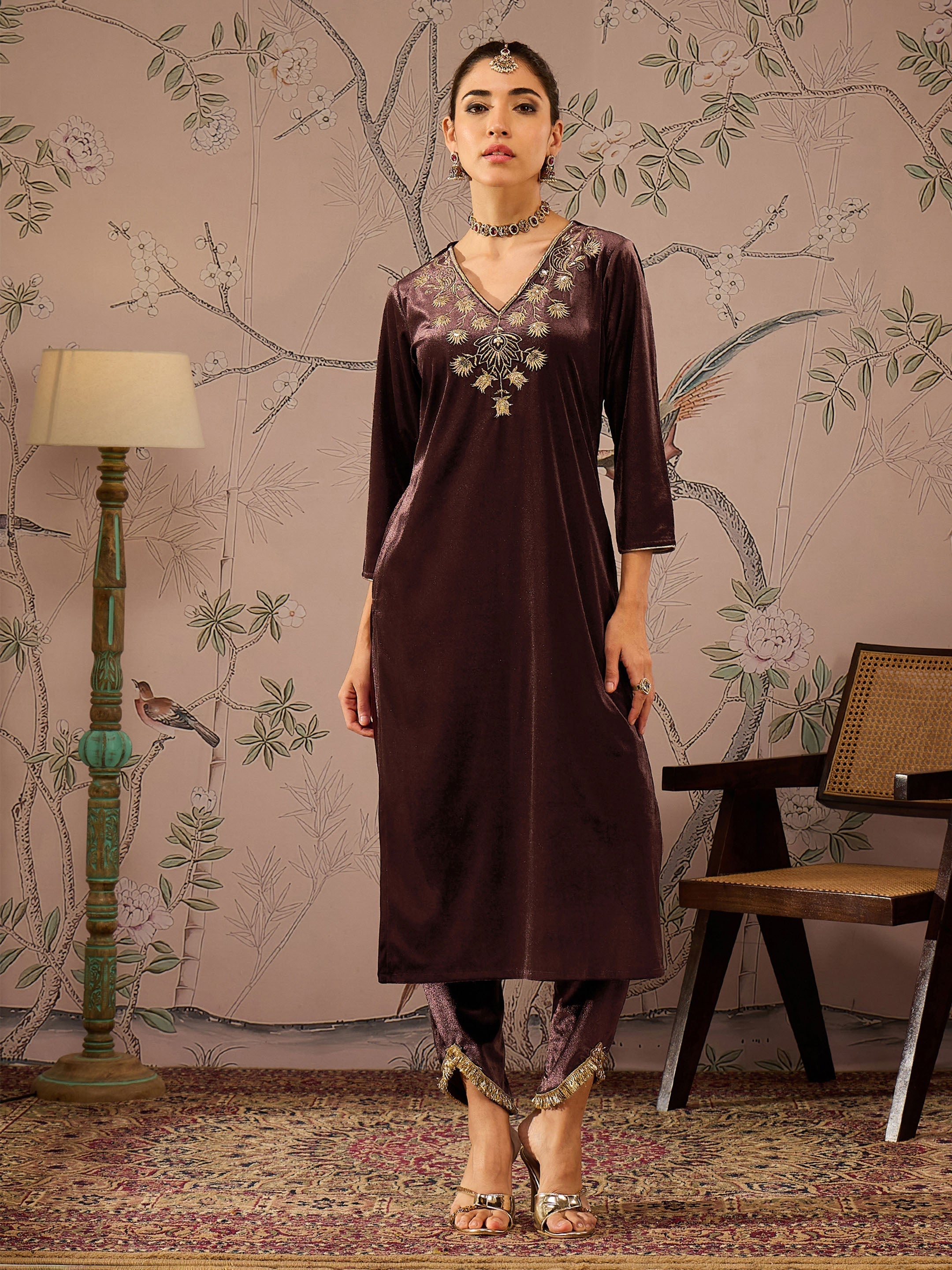 Women Brown Velvet V Neck Embroidered Kurta With Tulip Pants