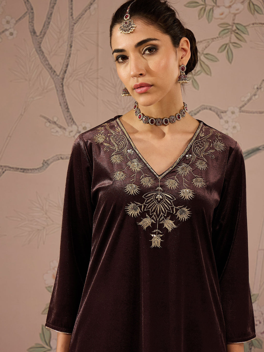 Women Brown Velvet V Neck Embroidered Kurta With Tulip Pants