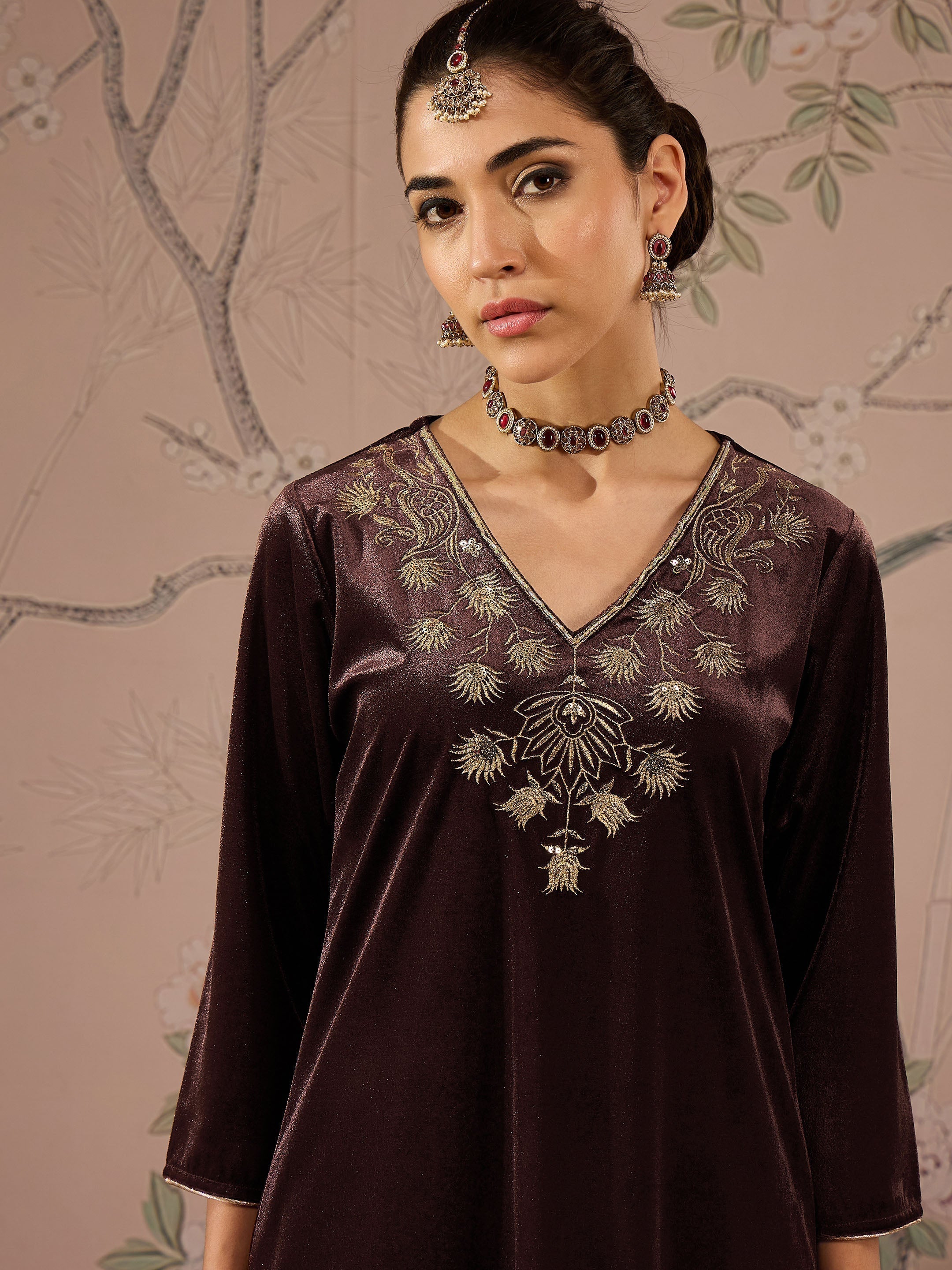Women Brown Velvet V Neck Embroidered Kurta With Tulip Pants