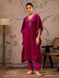 Women Fuchsia Velvet Front Embroidered Kaftan Kurta