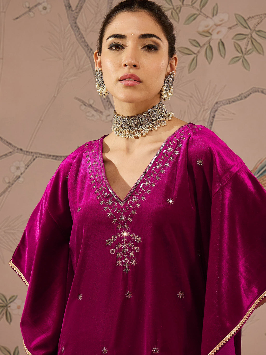 Women Fuchsia Velvet Front Embroidered Kaftan Kurta