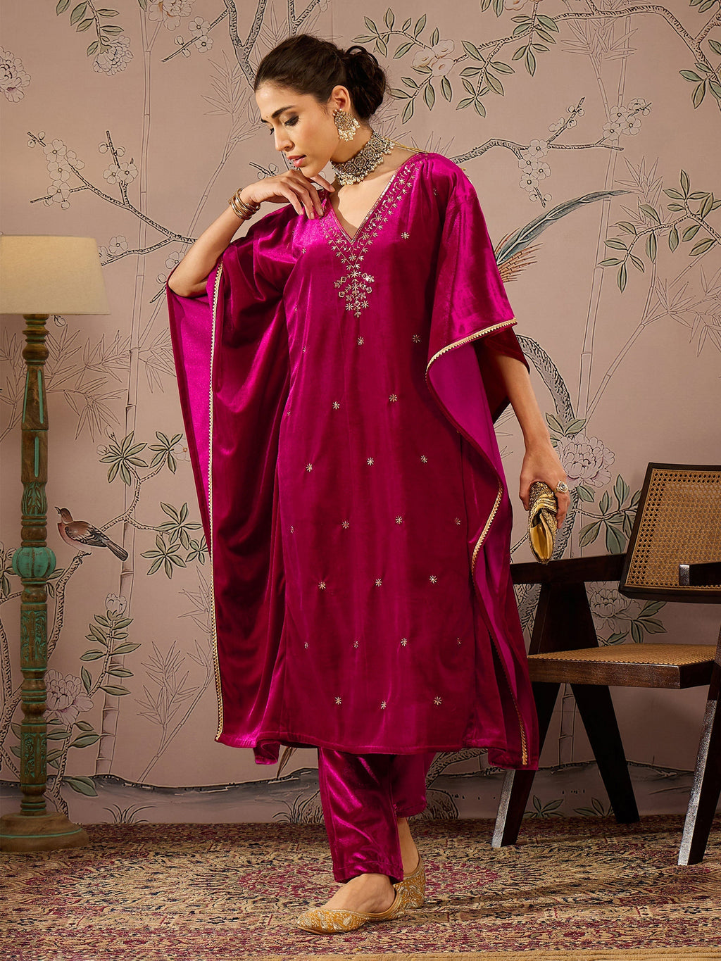 Women Fuchsia Velvet Embroidered Kaftan Kurta With Straight Pants