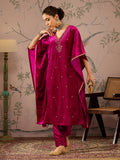 Women Fuchsia Velvet Embroidered Kaftan Kurta With Straight Pants