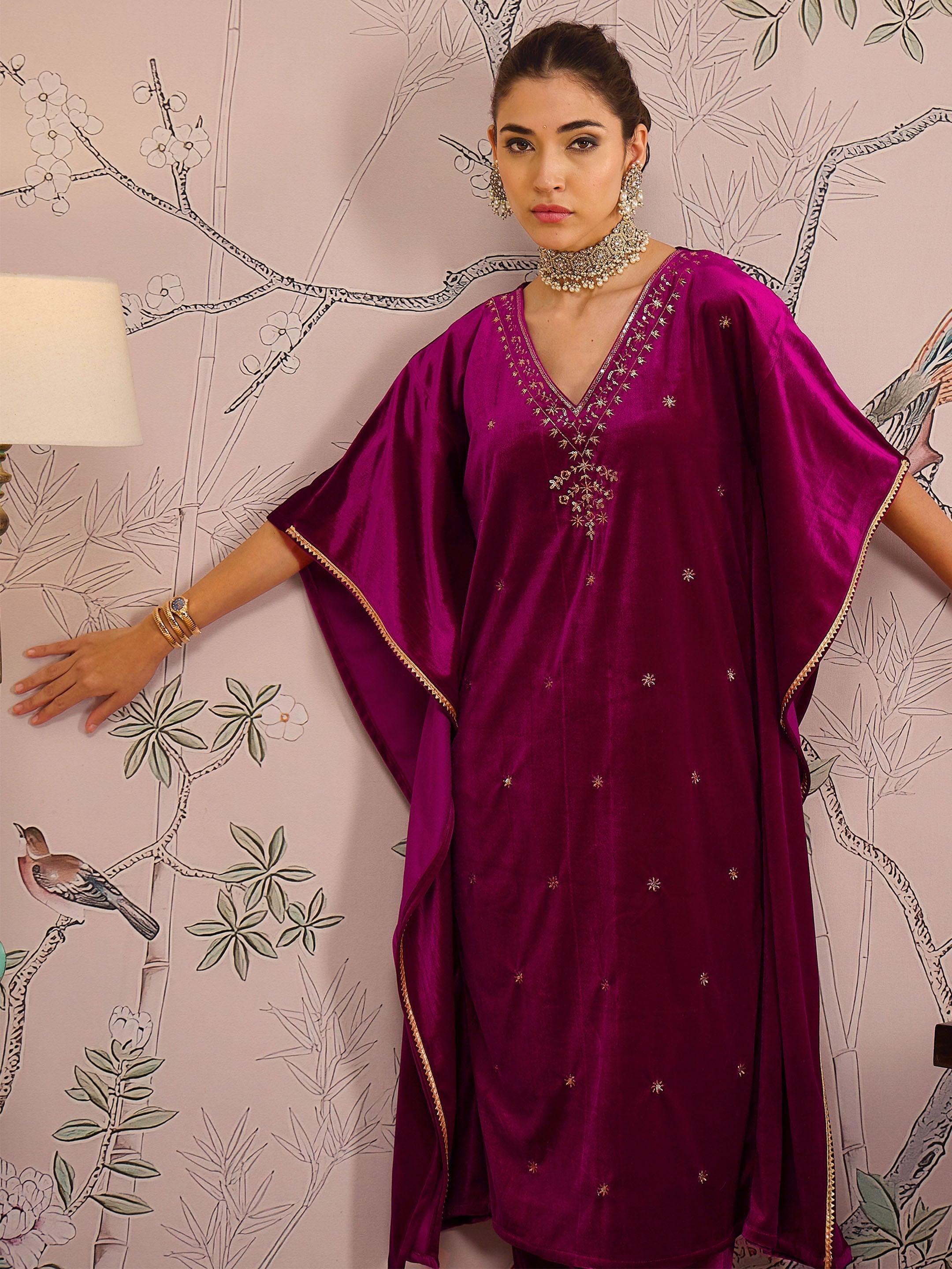 Women Fuchsia Velvet Embroidered Kaftan Kurta With Straight Pants