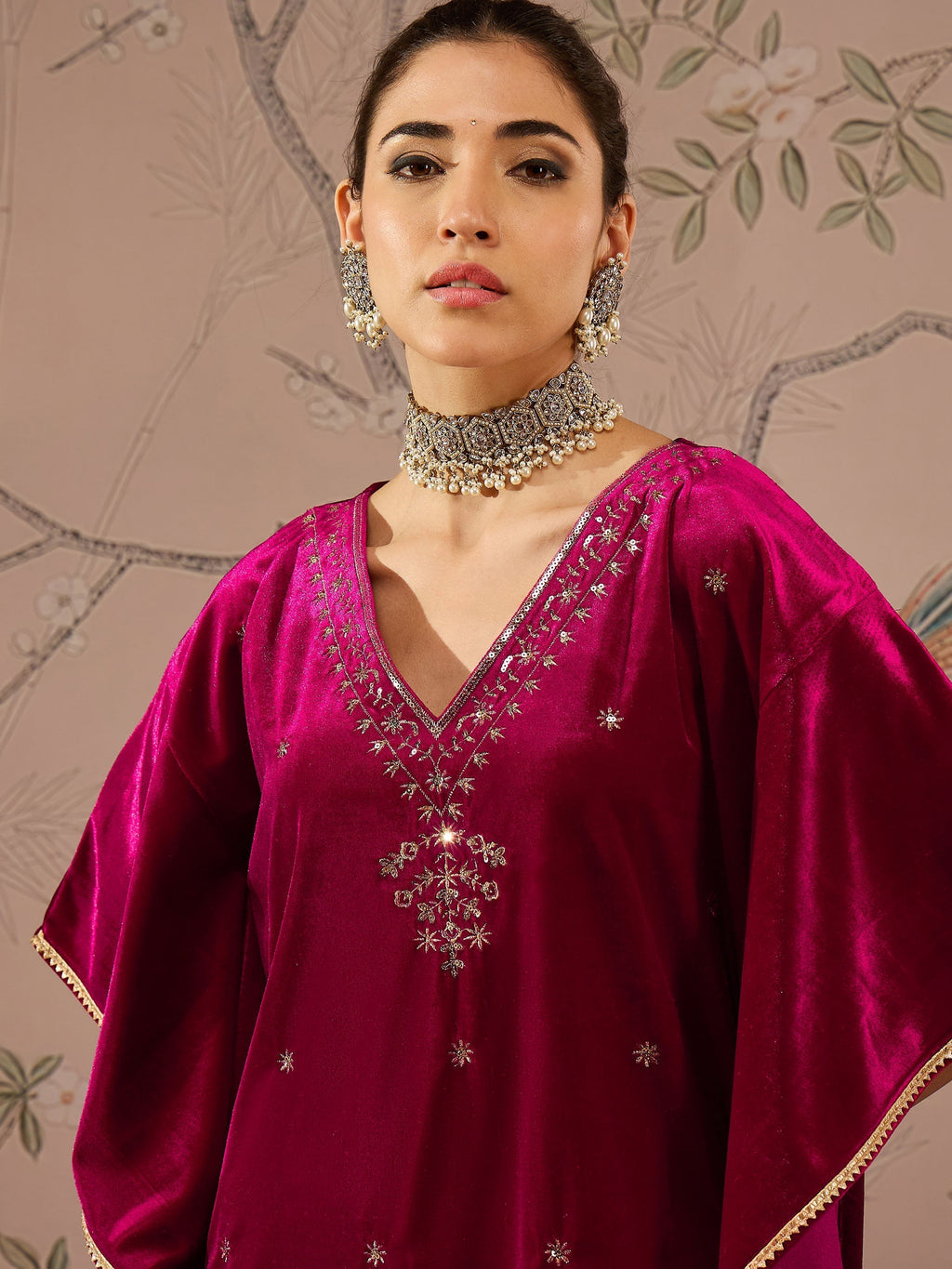 Women Fuchsia Velvet Embroidered Kaftan Kurta With Straight Pants