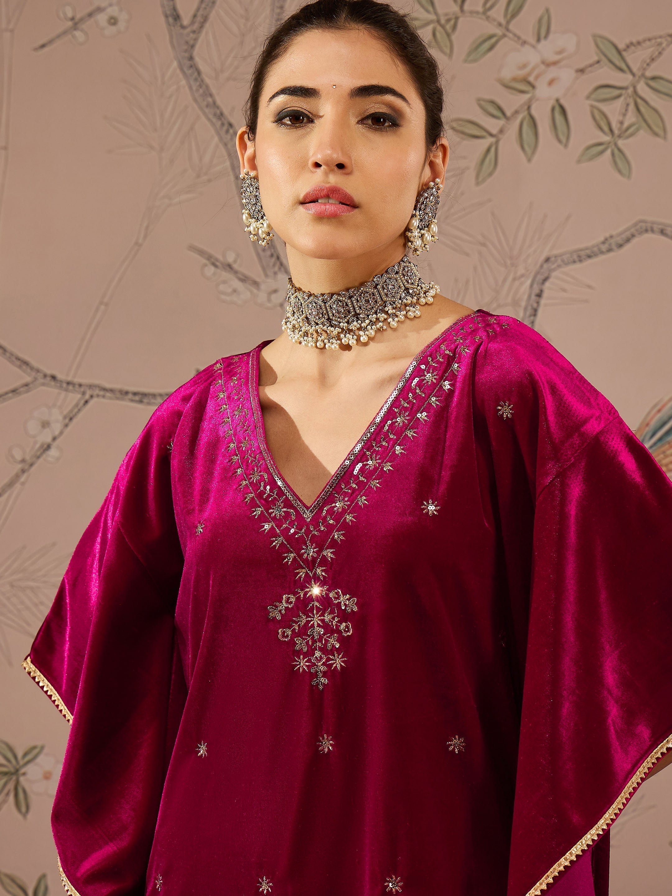 Women Fuchsia Velvet Embroidered Kaftan Kurta With Straight Pants