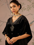 Women Black Velvet Front Embroidered Kaftan Kurta