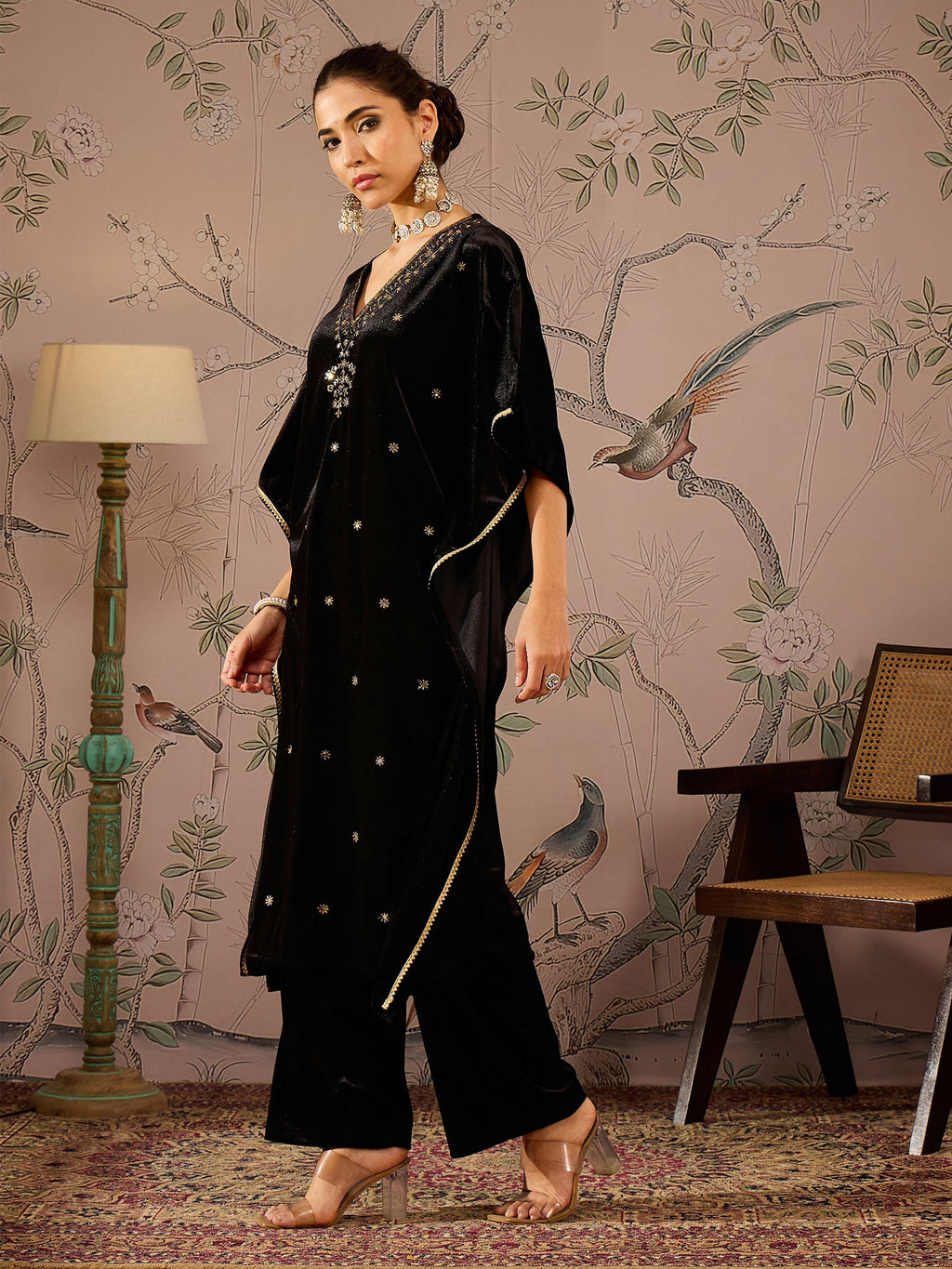 Women Black Velvet Front Embroidered Kaftan Kurta