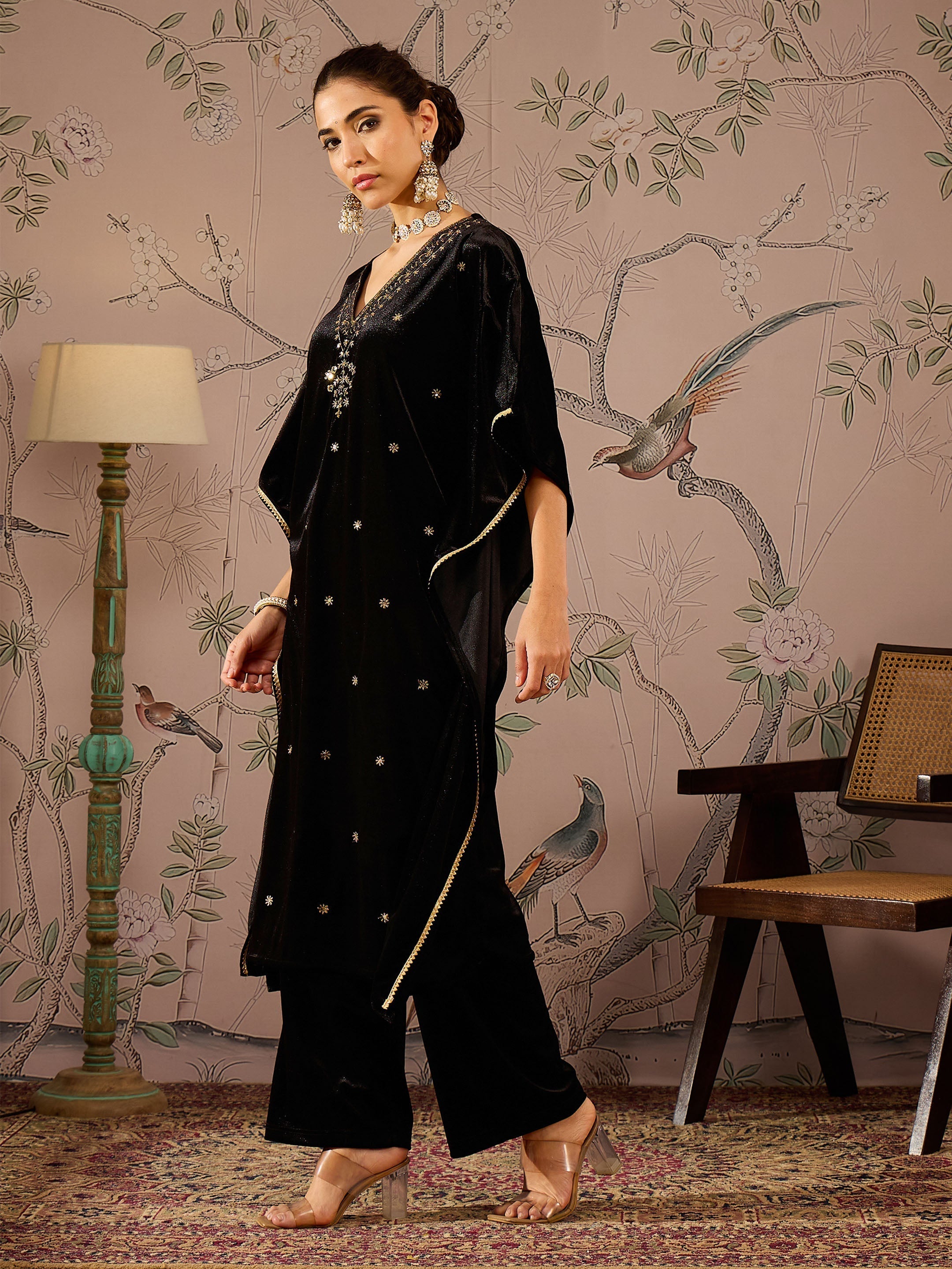 Women Black Velvet Front Embroidered Kaftan Kurta