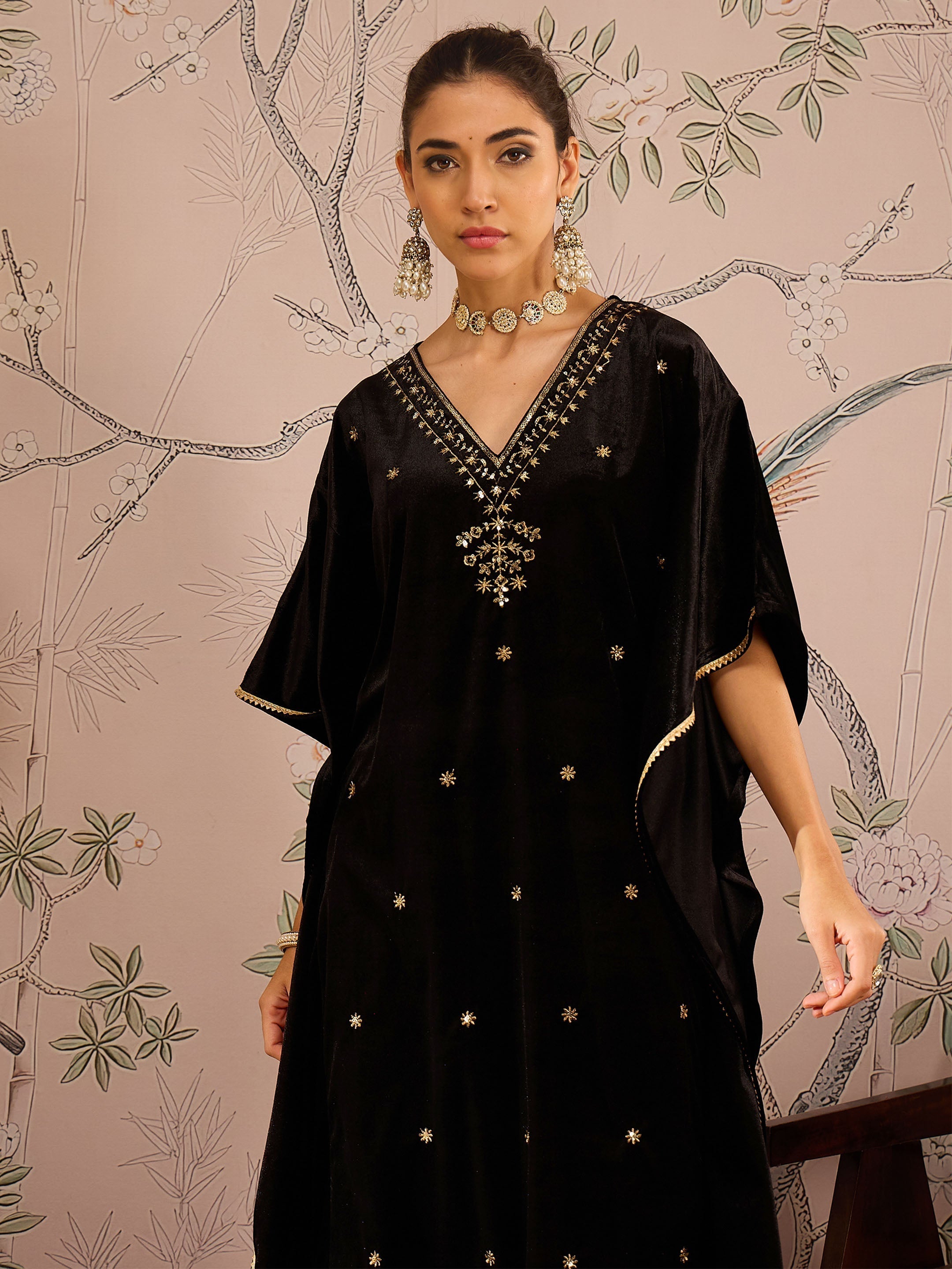 Women Black Velvet Front Embroidered Kaftan Kurta