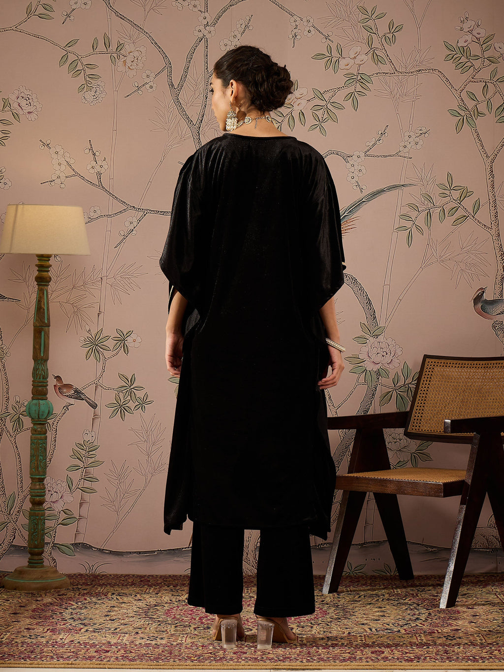 Women Black Velvet Front Embroidered Kaftan Kurta