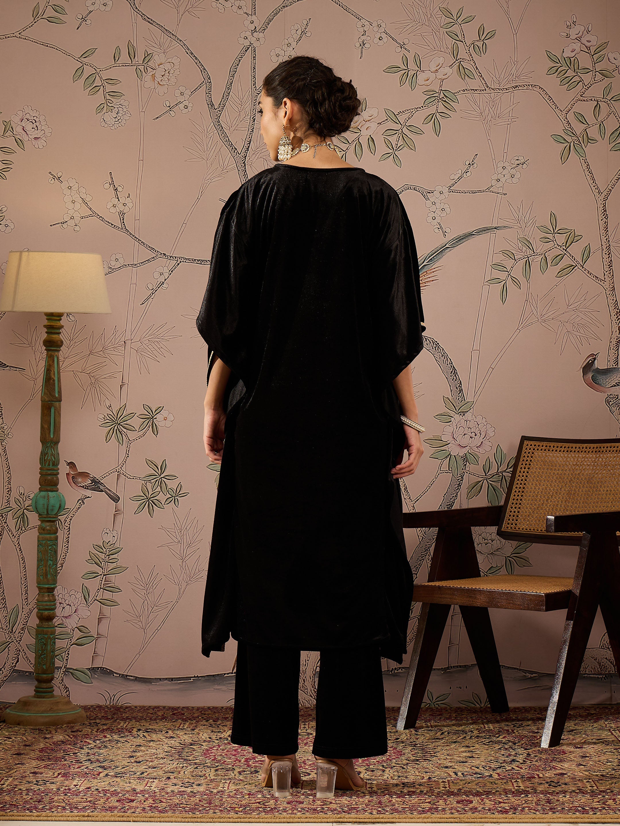 Women Black Velvet Front Embroidered Kaftan Kurta