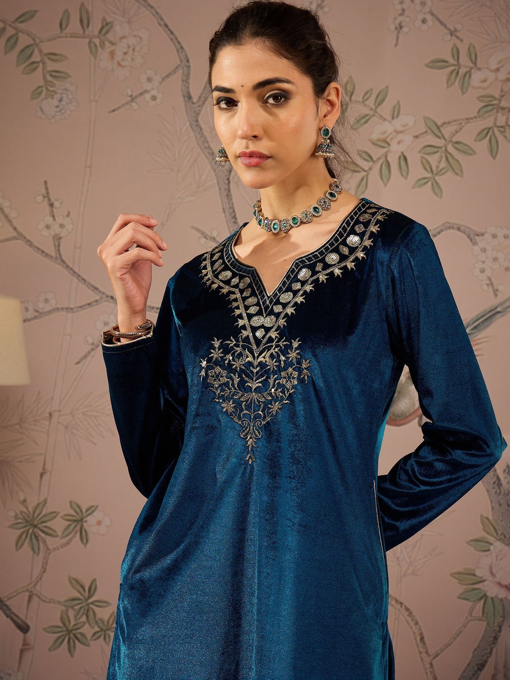 Women Teal Velvet Full Sleeves Embroidered Straight Kurta