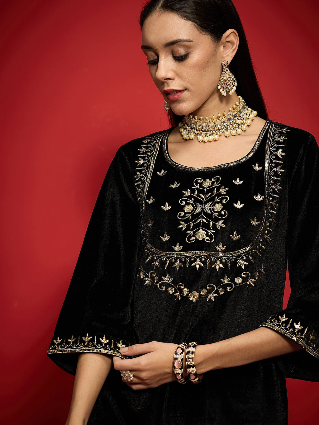 Women Black Velvet Embroidered Round Neck Short Kurta