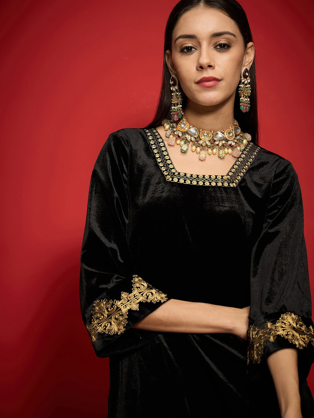 Women Black Velvet Front Embroidered Glass Neck Short Kurta