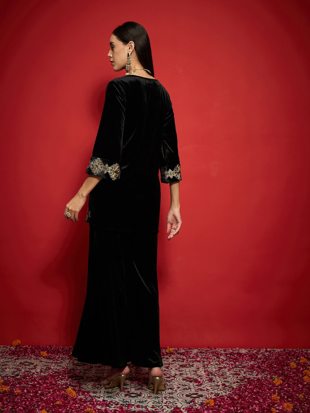 Women Black Velvet Front Embroidered Glass Neck Short Kurta