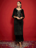 Women Black Velvet Zari Embroidered Round Neck Straight Kurta