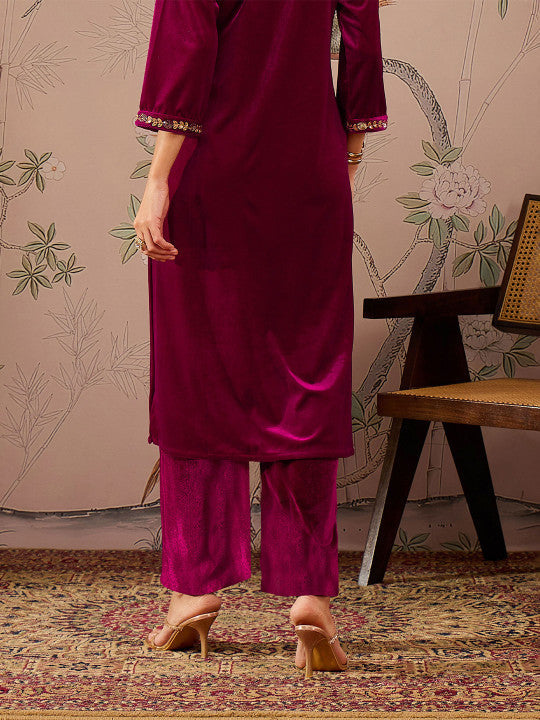 Women Fuchsia Velvet Elasticated Straight Pants