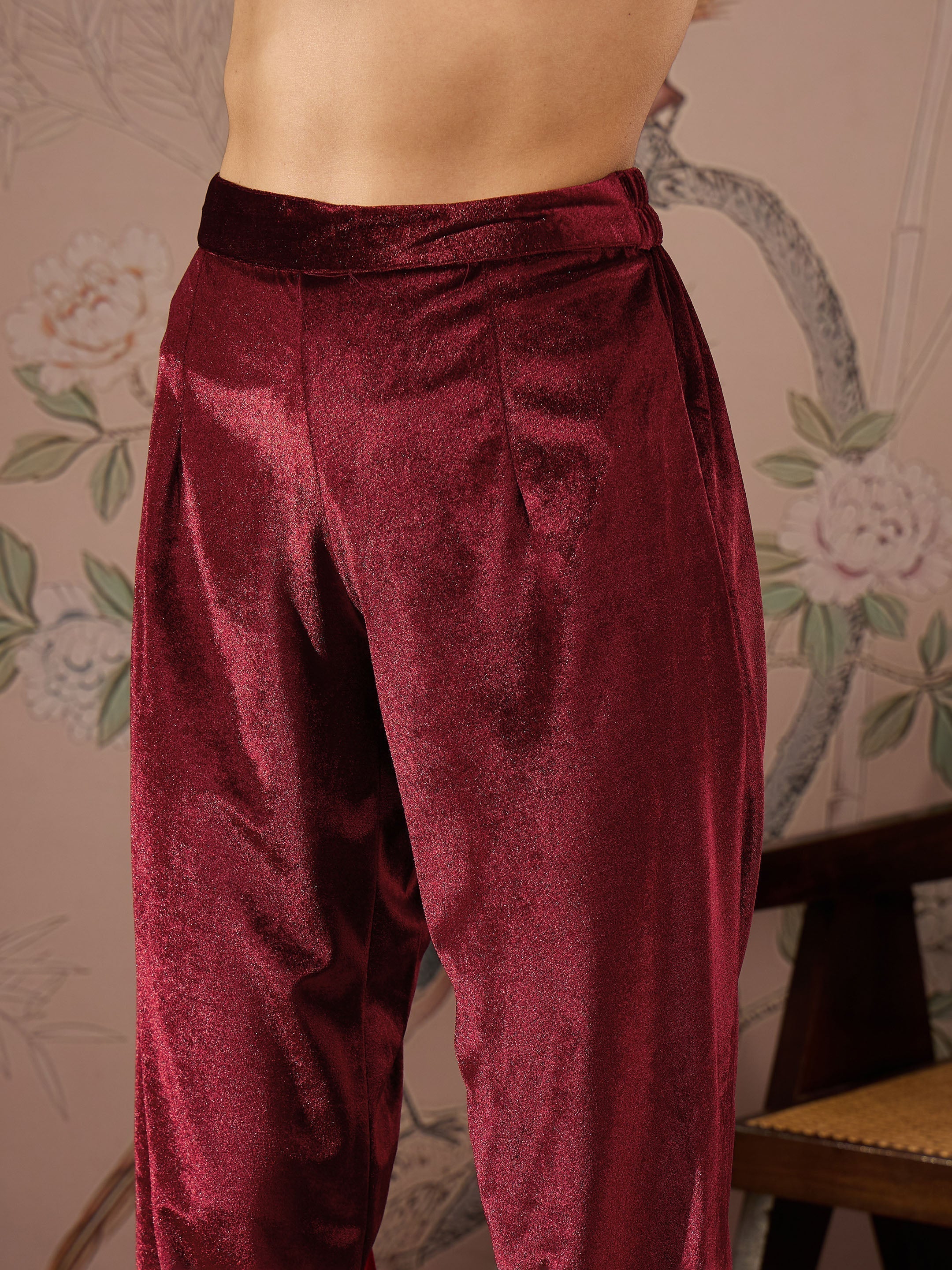 Women Maroon Velvet Elasticated Straight Pants