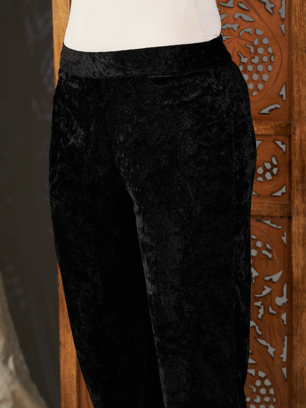 Women Black Velvet Embroidered Yoke Short Kurta With Pants