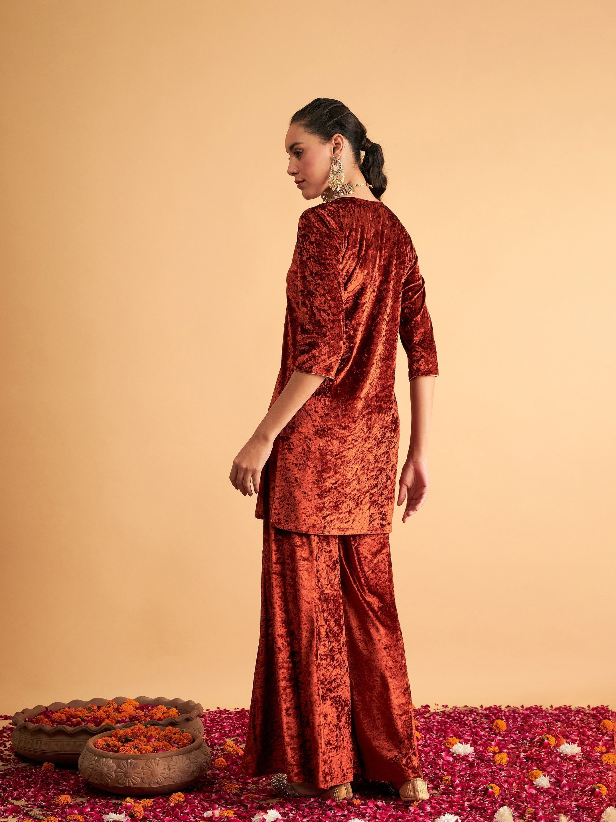 Women Rust Velvet Embroidered Short Kurta With Palazzos