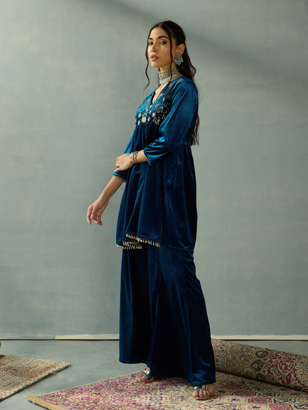 Women Teal Velvet Embroidered Peplum Top With Palazzos