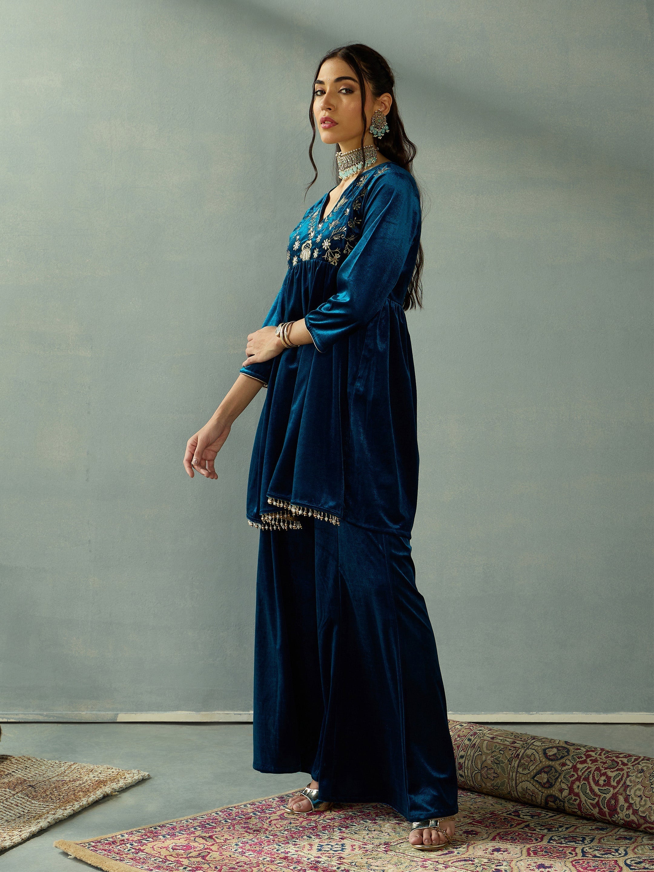 Women Teal Velvet Embroidered Peplum Top With Palazzos
