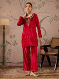 Women Red Velvet Embroidered Short Kurta With Straight Pants