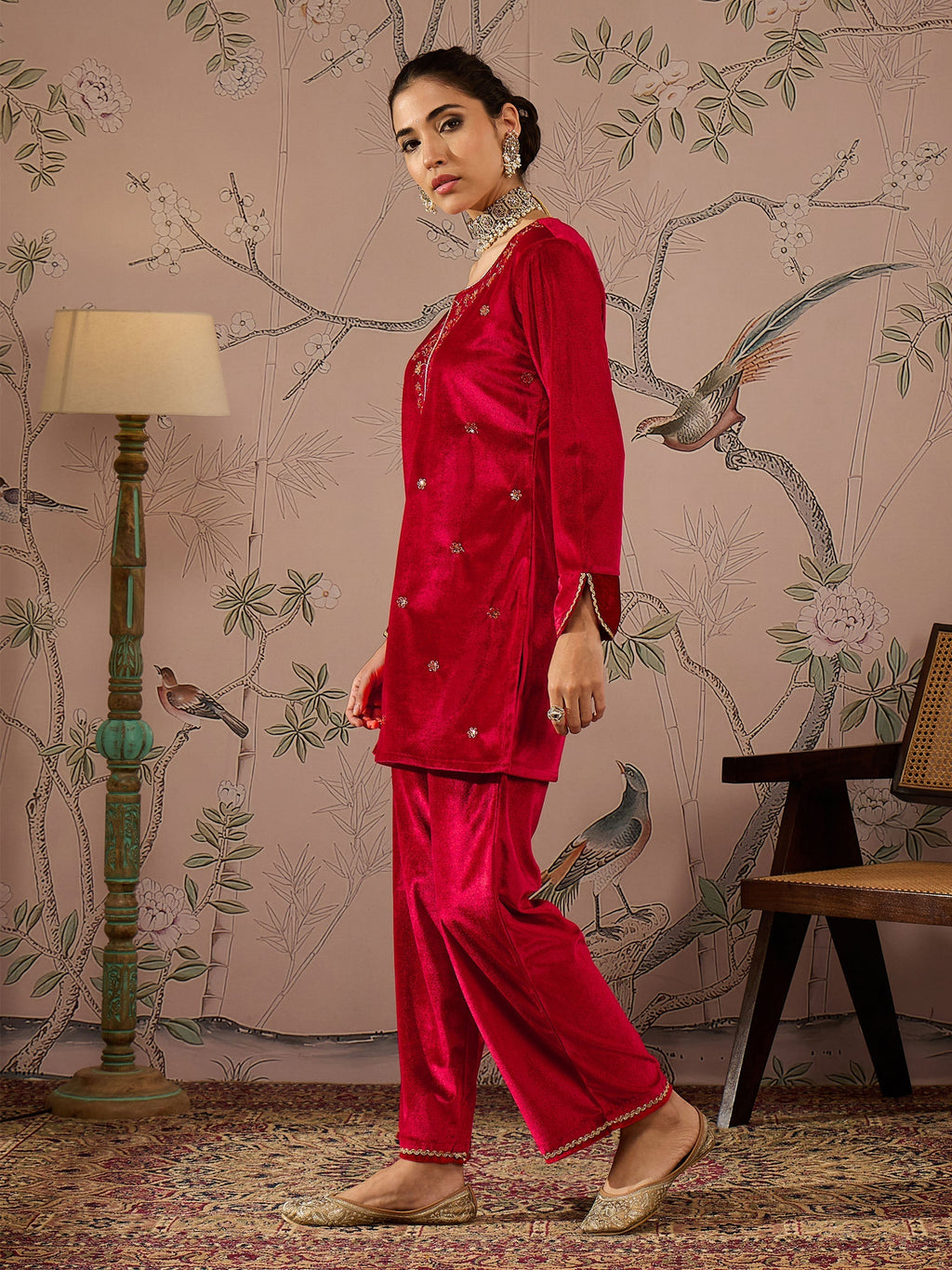 Women Red Velvet Embroidered Short Kurta With Straight Pants