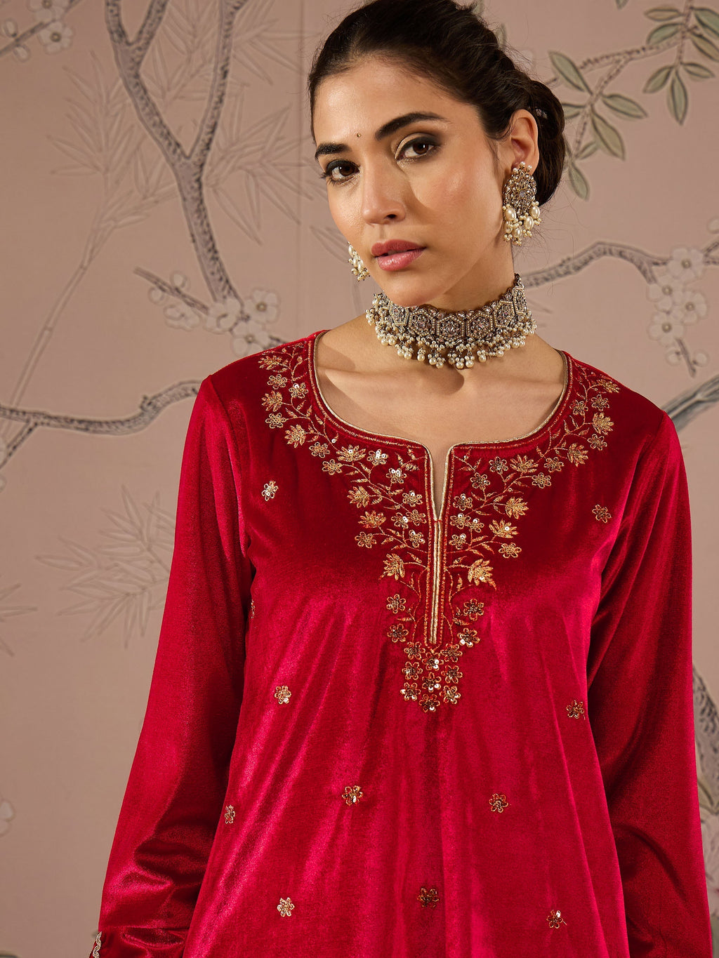 Women Red Velvet Embroidered Short Kurta With Straight Pants