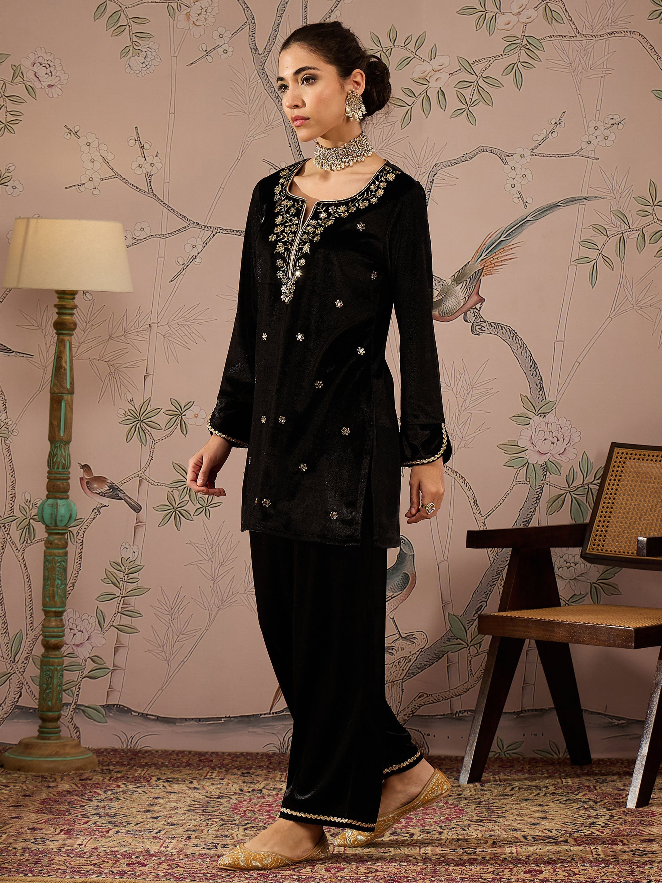 Women Black Velvet Embroidered Short Kurta With Straight Pants