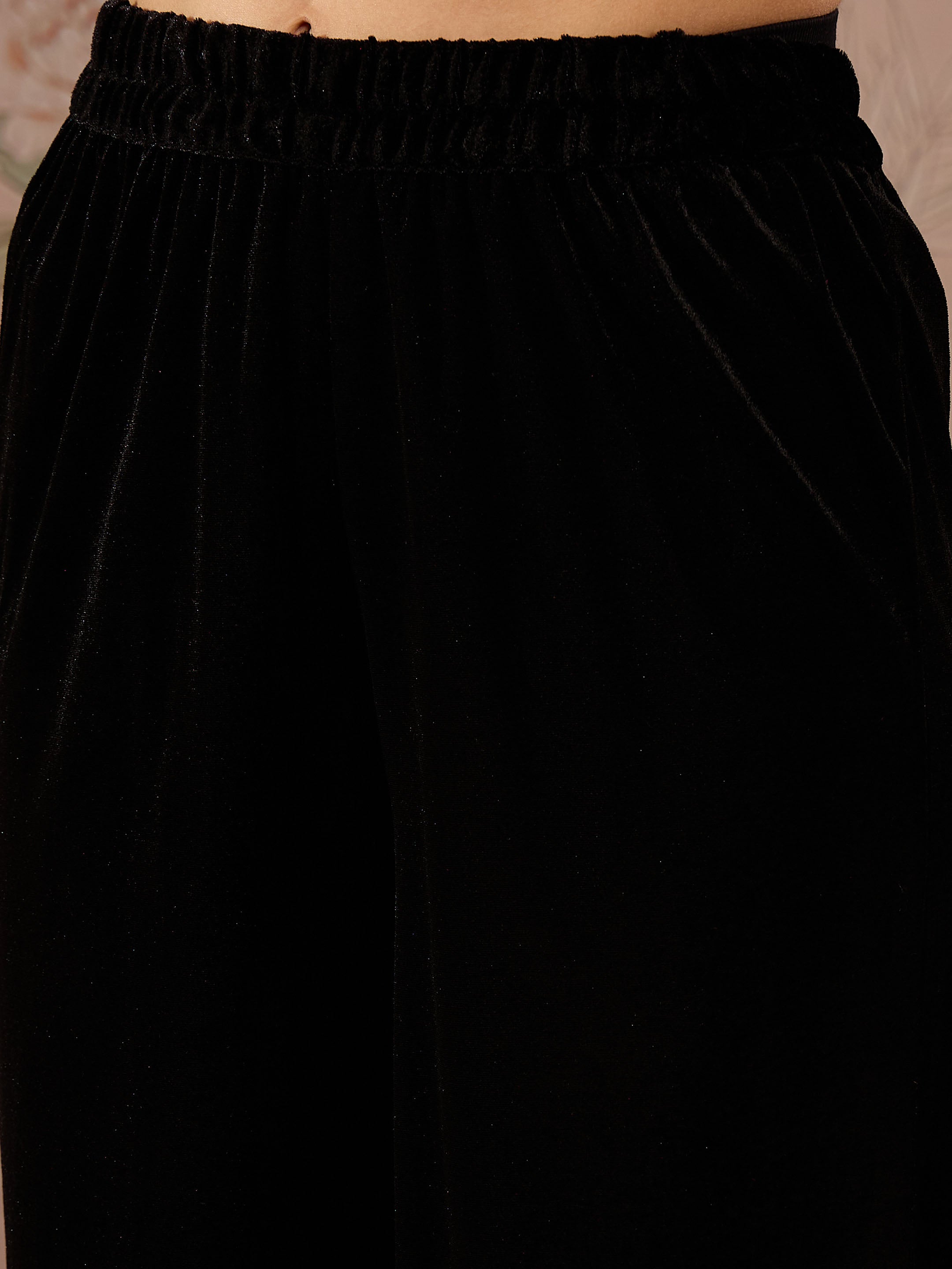 Women Black Velvet Embroidered Short Kurta With Straight Pants